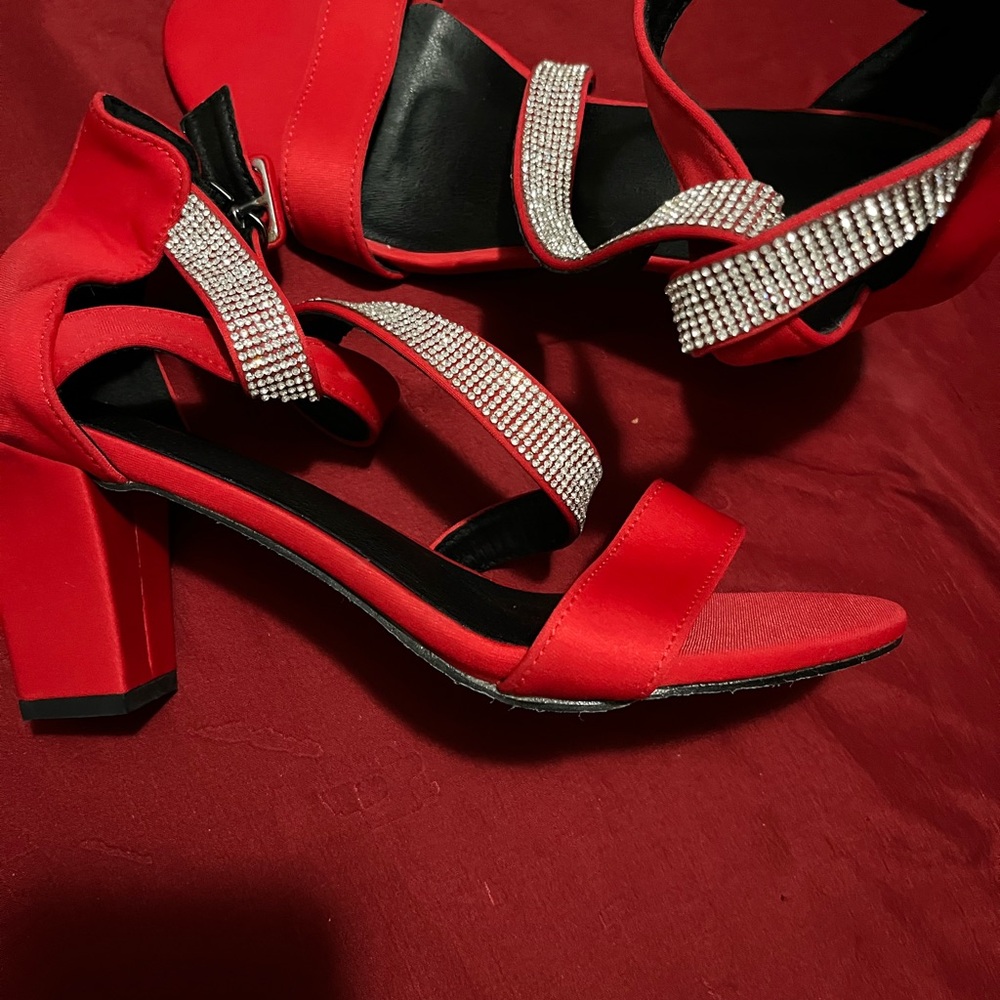 Elegant Red Satin Heels with Rhinestone Straps
